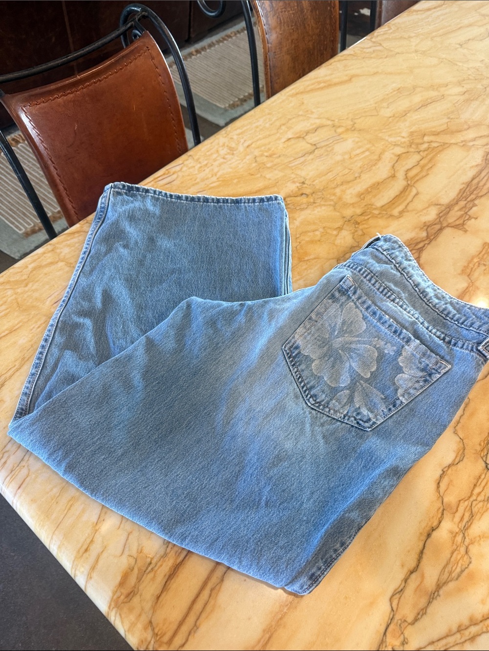 Hollister Light Blue Wide-Leg Denim Jeans with Floral Back Pocket